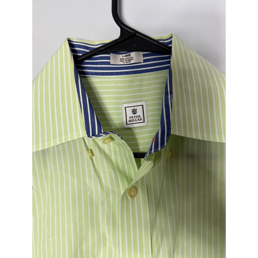 Peter Millar Mens Lime‎ Green White Striped Button Down Shirt Large Cotton L - Picture 2 of 6